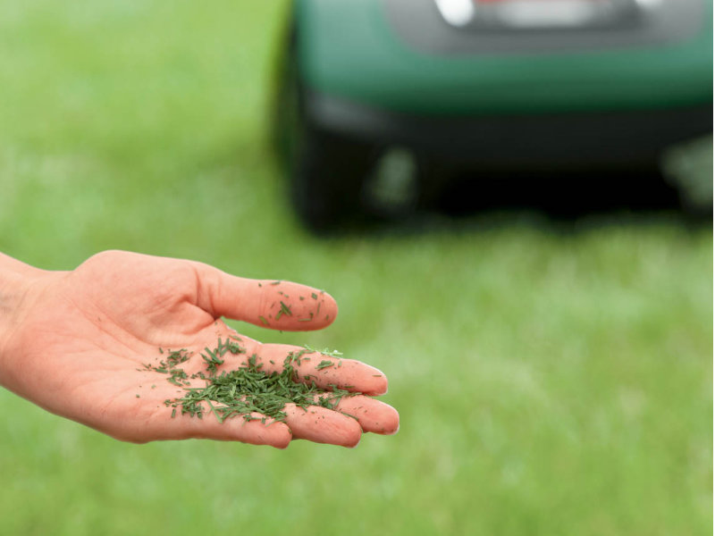 Hand houdt gemaaid gras vast met Bosch Power Tools robotgrasmaaier op achtergrond